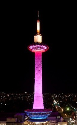 うすいピンクにライトアップされた、ニデック京都タワー
