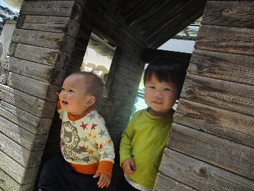 『ばぁ』 　ログハウスの中は、子どもたちのお気に入りの場所。保育士がのぞいてみると、「ばぁ。」とかわいらしい顔で子どもたちが出てきます。楽しくて、何度も保育士と「ばぁ。」のやり取りをくり返しています。
