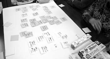 ワークショップではカードにそれぞれ気づいたことを書いていくKJ法で議論をすすめていく様子の画像