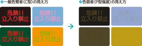 左：一般色覚者（C型）の見え方→右：色弱者（P型強度の見え方）