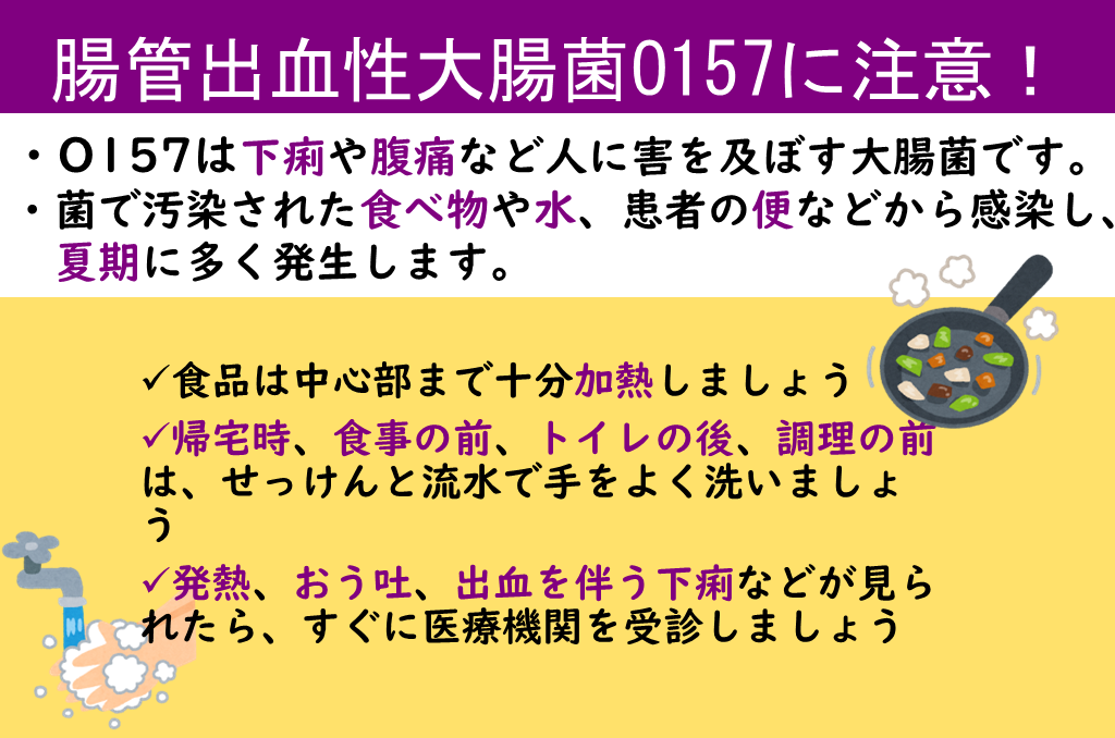 O157は下痢や腹痛など人に害を及ぼす大腸菌です。菌で汚染された食べ物や水、患者の便などから感染し、夏記に多く発生します。食品は中心部まで加熱しましょう。帰宅時、食事の前、トイレの後、調理の前は、石鹸と流水で手をよく洗いましょう。発熱、おう吐、出血を伴う下痢などが見られたら、すぐに医療機関を受診しましょう。