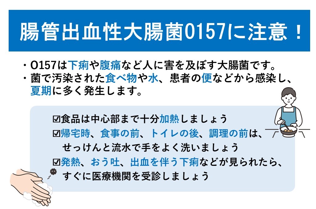 O157は下痢や腹痛など人に害を及ぼす大腸菌です。菌で汚染された食べ物や水、患者の便などから感染し、夏期に多く発生します。食品は中心部まで加熱しましょう。帰宅時、食事の前、トイレの後、調理の前は、石鹸と流水で手をよく洗いましょう。発熱、おう吐、出血を伴う下痢などが見られたら、すぐに医療機関を受診しましょう。