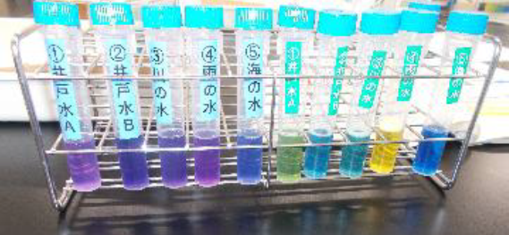 井戸水などにムラサキキャベツ試薬またはBTB試薬を滴下した様子