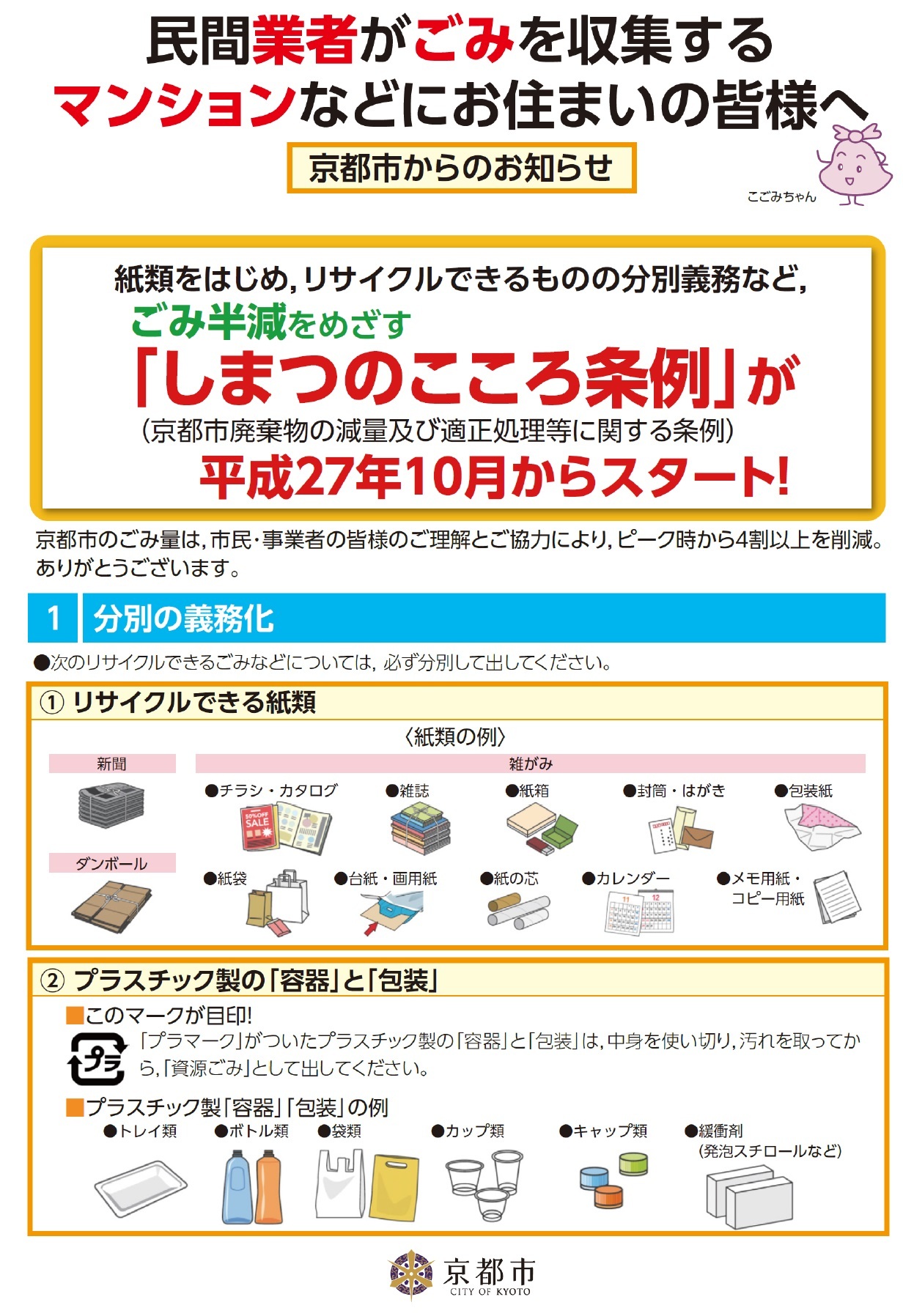 京都市 掲示板やダストボックスに貼付していただける啓発物 ポスター シール 入居者向けチラシ について