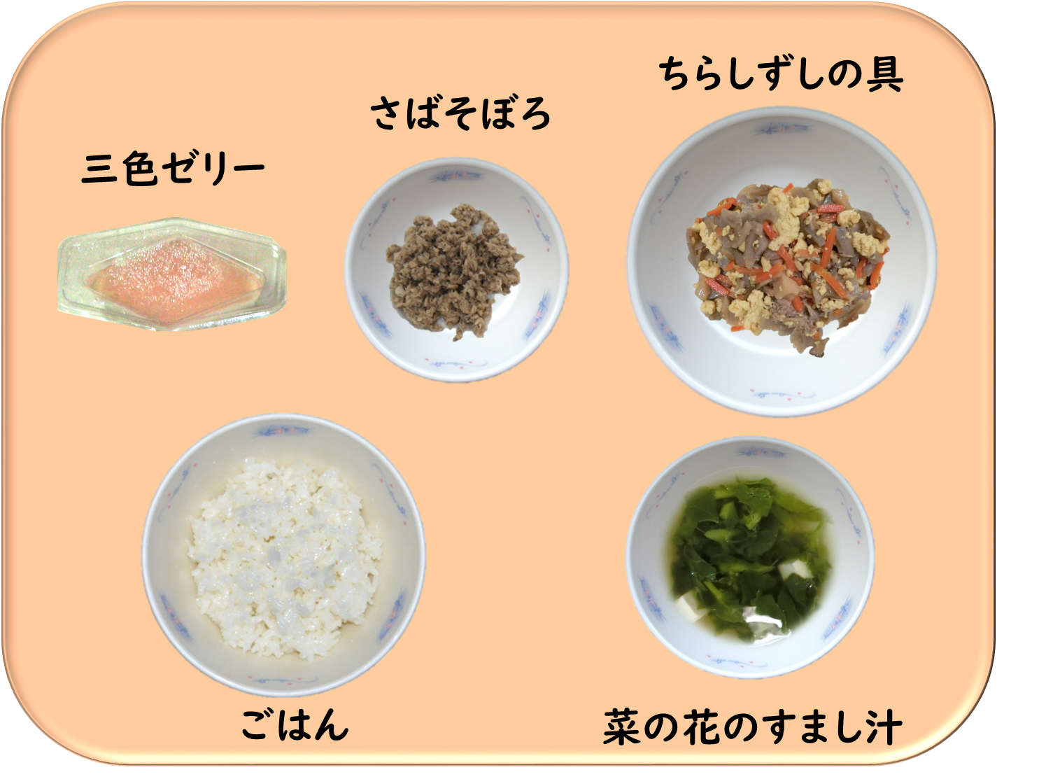 ごはん　ちらしずしのぐ　さばそぼろ　すましじる　さんしょくぜりー