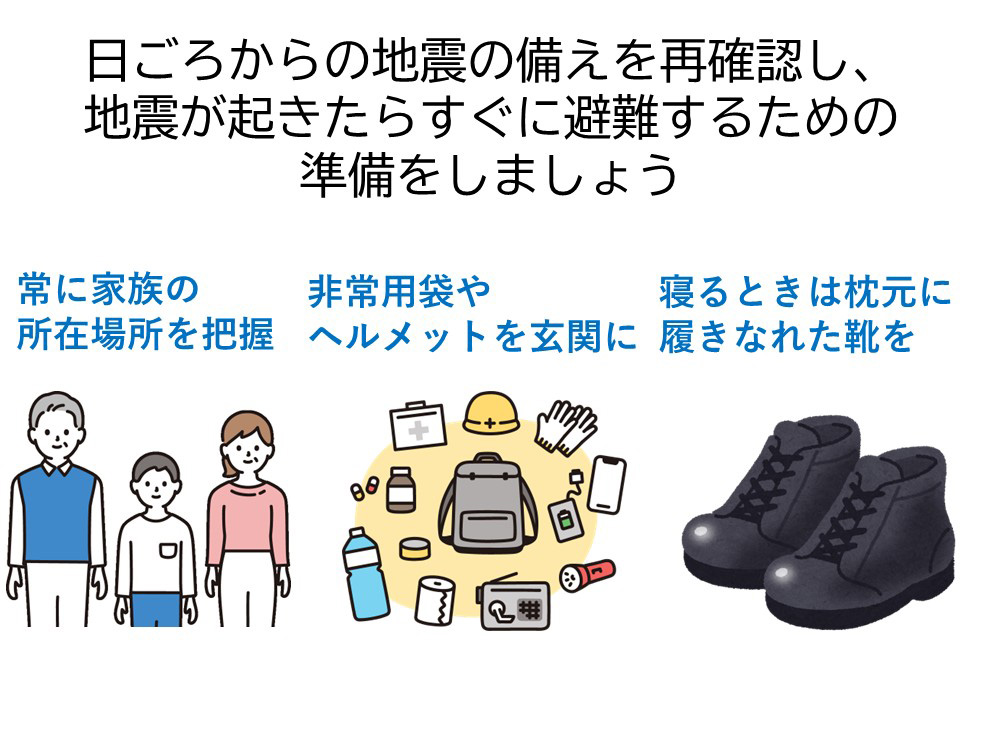 日頃から地震の備えを再確認し、地震が起きたらすぐに避難するための準備をしましょう。常に家族の所在場所を把握。非常用袋やヘルメットを玄関に。寝るときは枕元に履き慣れた靴を。