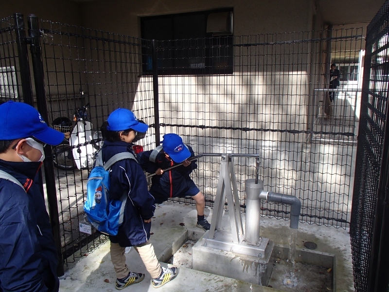 ポンプを動かして水を出す体験。