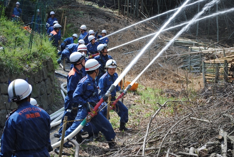 放水する各分団員