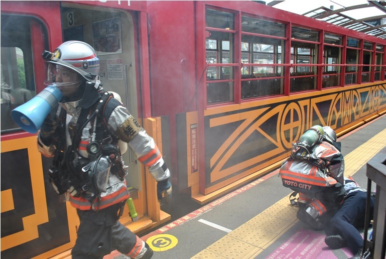 右京消防署員による負傷者の救護及び列車への放水活動