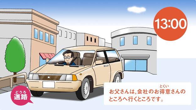 お父さんは、会社のお得意さんのところへ行くところです。