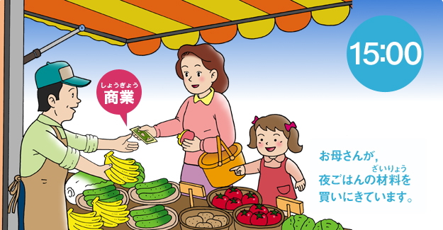 お母さんが、夜ごはんの材料を買いにきています。