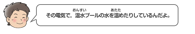 その電気で、温水プールの水を温めたりしているんだよ。