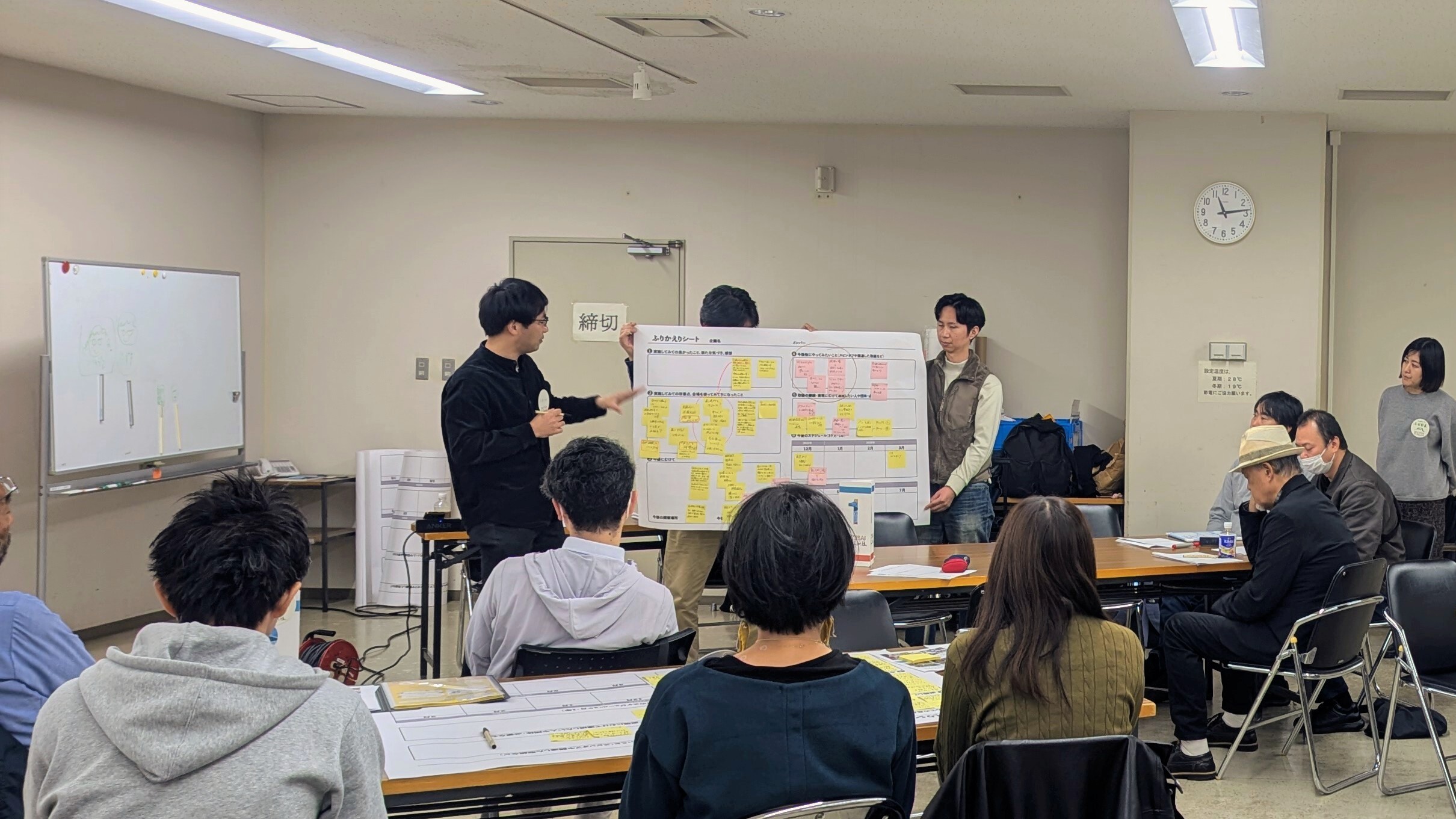 洛西パブラボの参加者がお試し実施の振り返りシートを作成し、皆の前で発表している様子