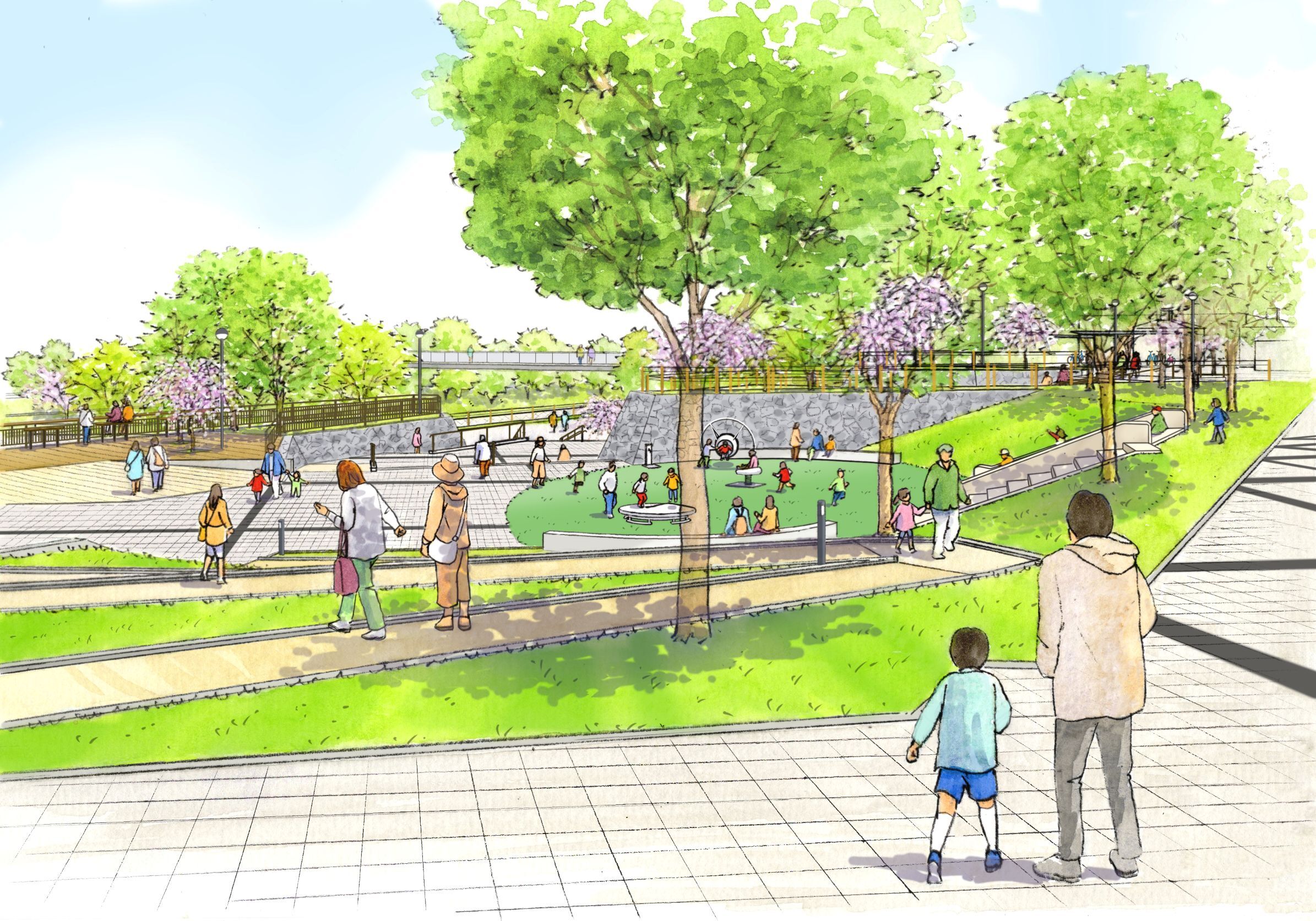 広場から小畑川中央公園を眺めたイメージパース。公園に設置されたインクルーシブ遊具で遊ぶ子供たちや、それを見守る親が描かれている。