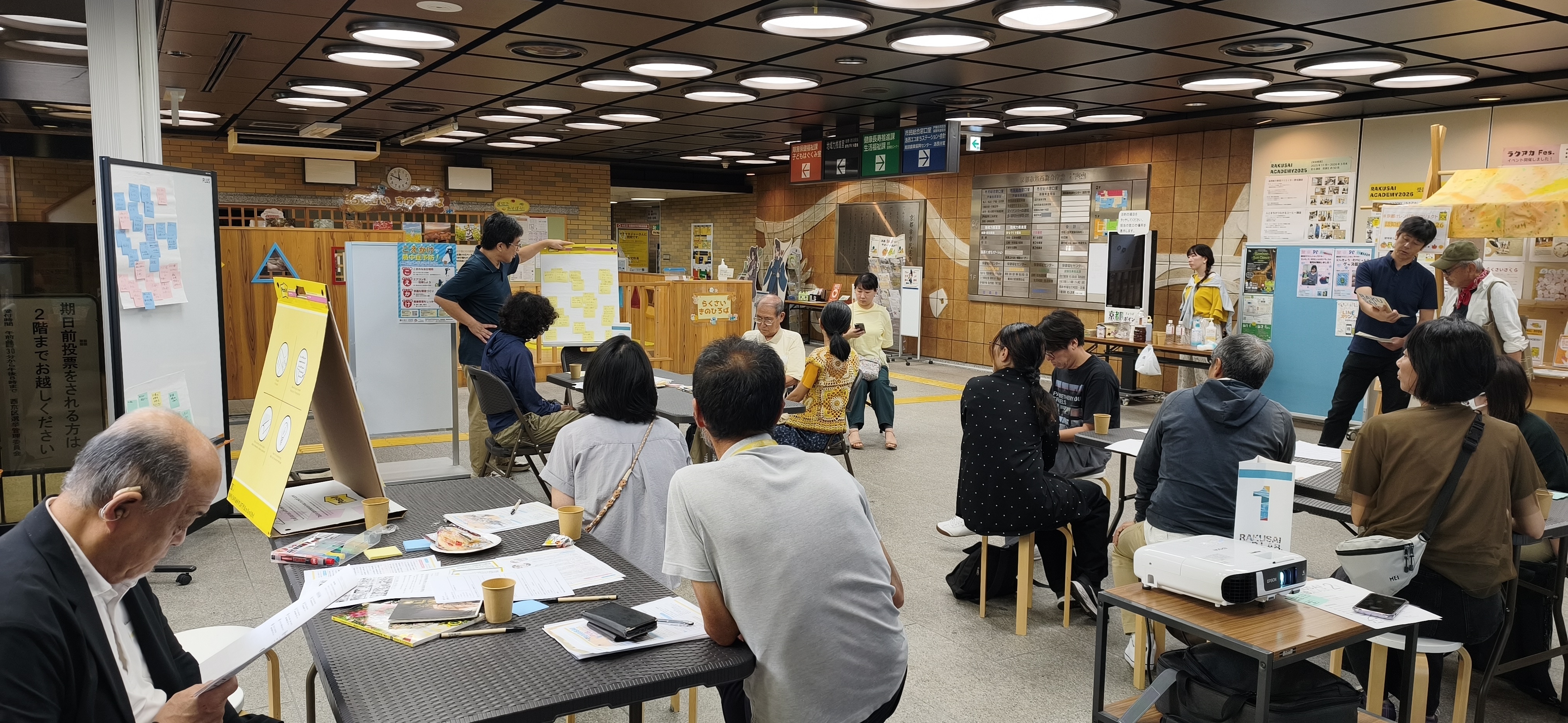 話し合いで挙がった意見を付箋に書いて貼り付け、他のグループに向けて発表している様子